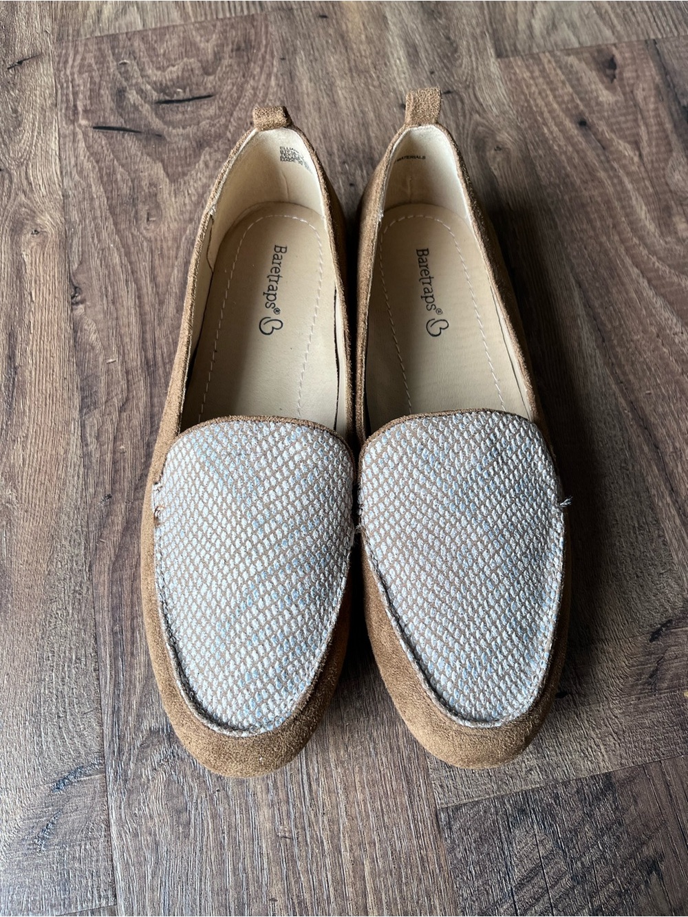 BareTraps Women's Tan Suede Loafers with Light Beige Woven Vamp